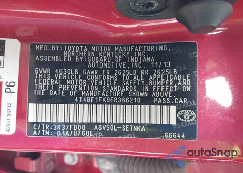 2014 Toyota Camry Le from USA, damaged, VIN 4T4BF1FK9ER366210